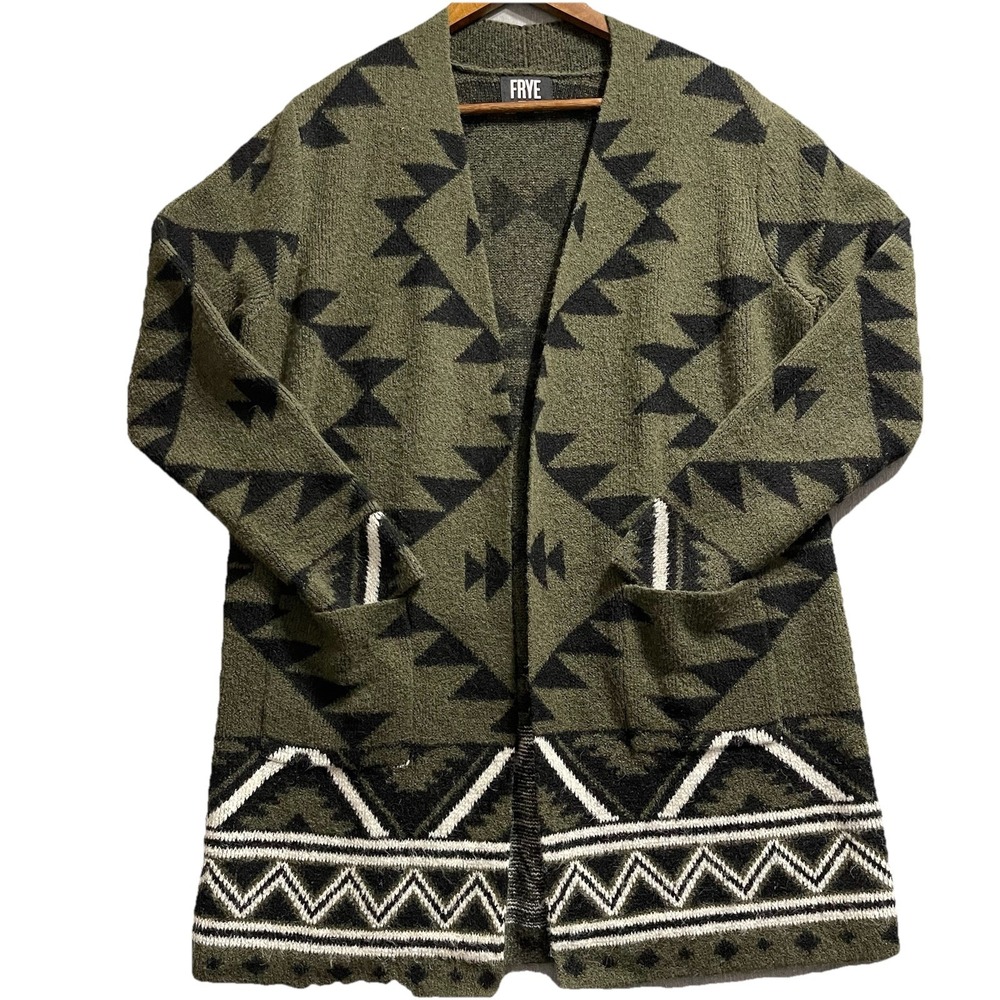 Frye Womens Cardigan Large Green Southwestern Geometric Open Front Western Boho
